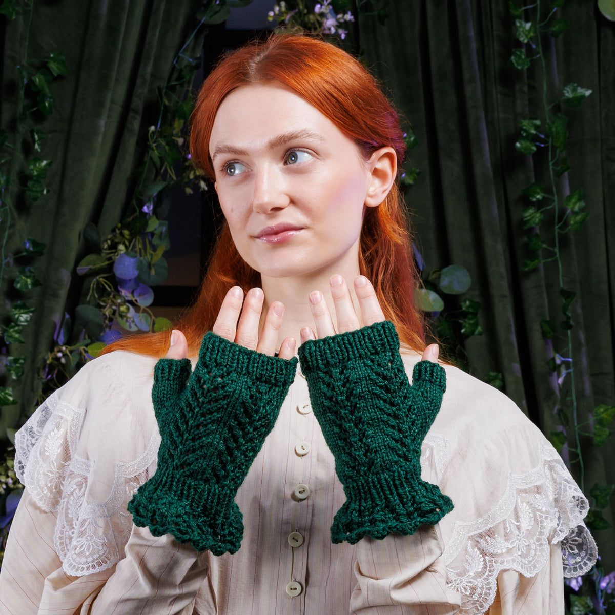 Knit Ruffle Lace Glovettes made using Patons yarn