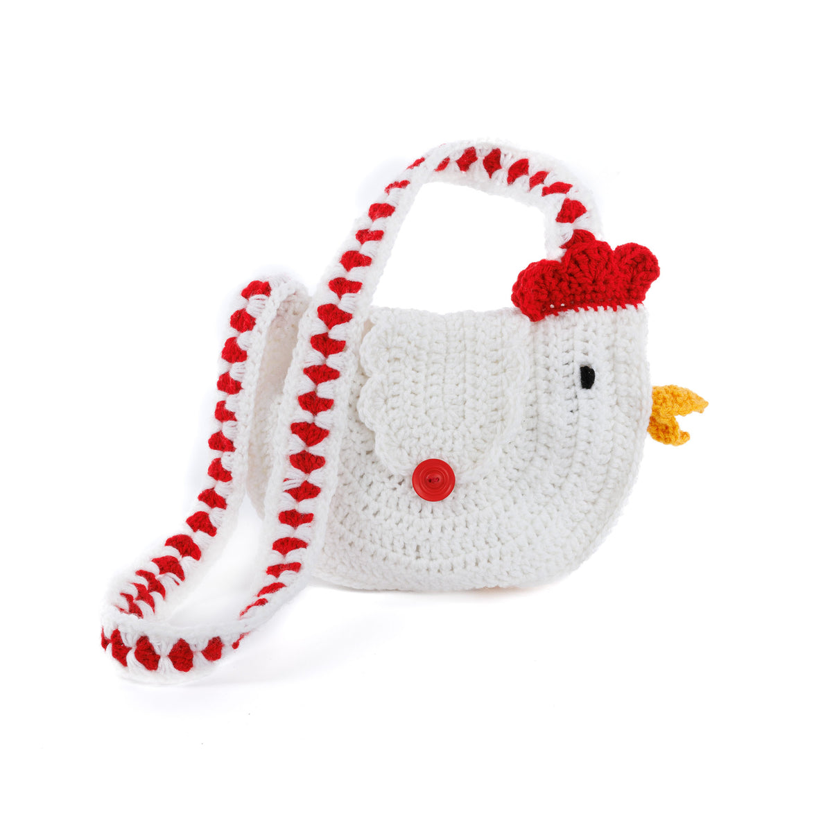 Crochet chicken shaped bag made with Red Heart yarns.