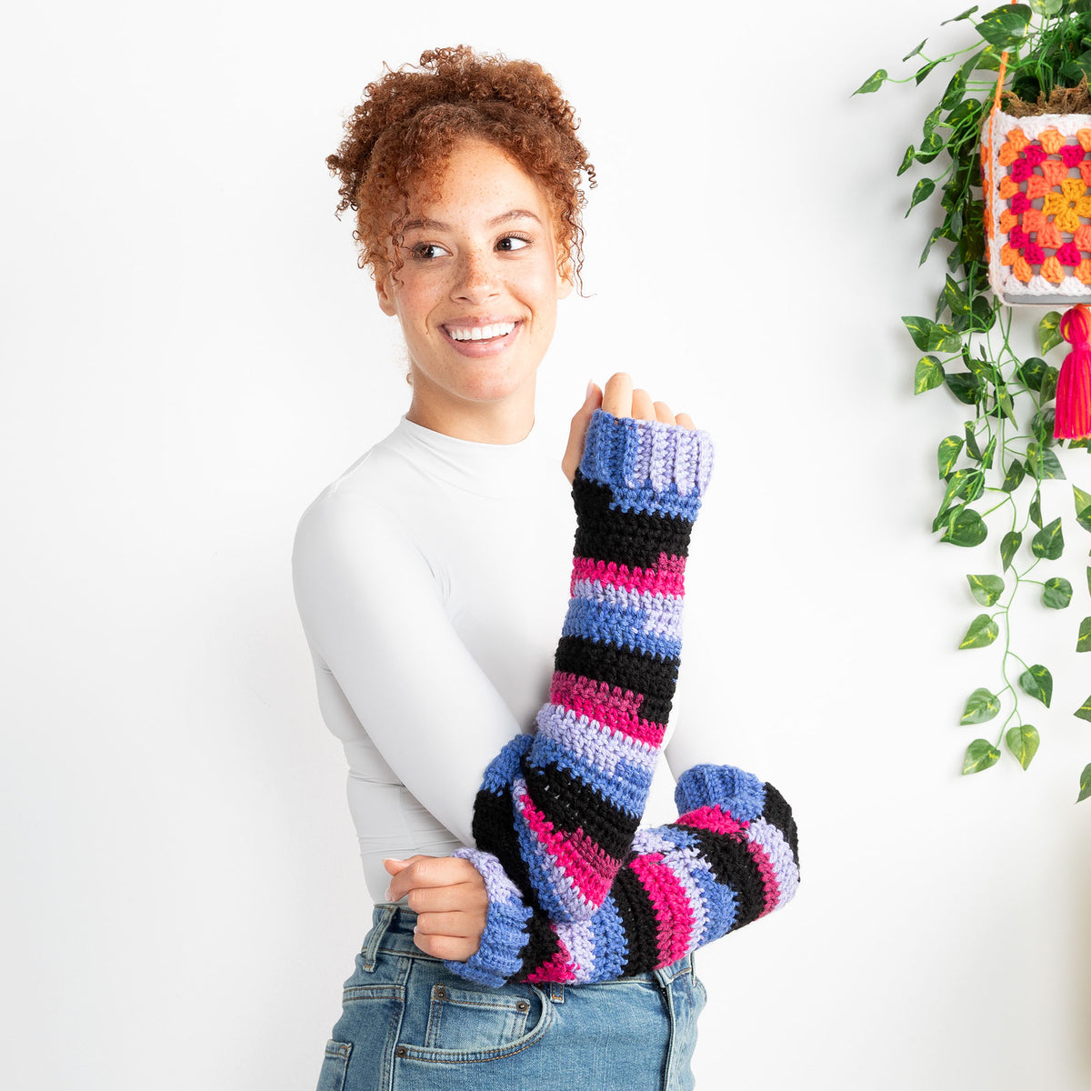 Crochet Warmers made in Red Heart All in One Granny Square Yarn