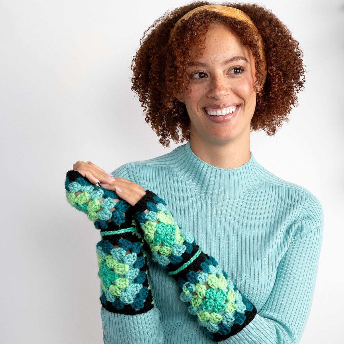 Crochet Gloves made in Red Heart All in One Granny Square Yarn