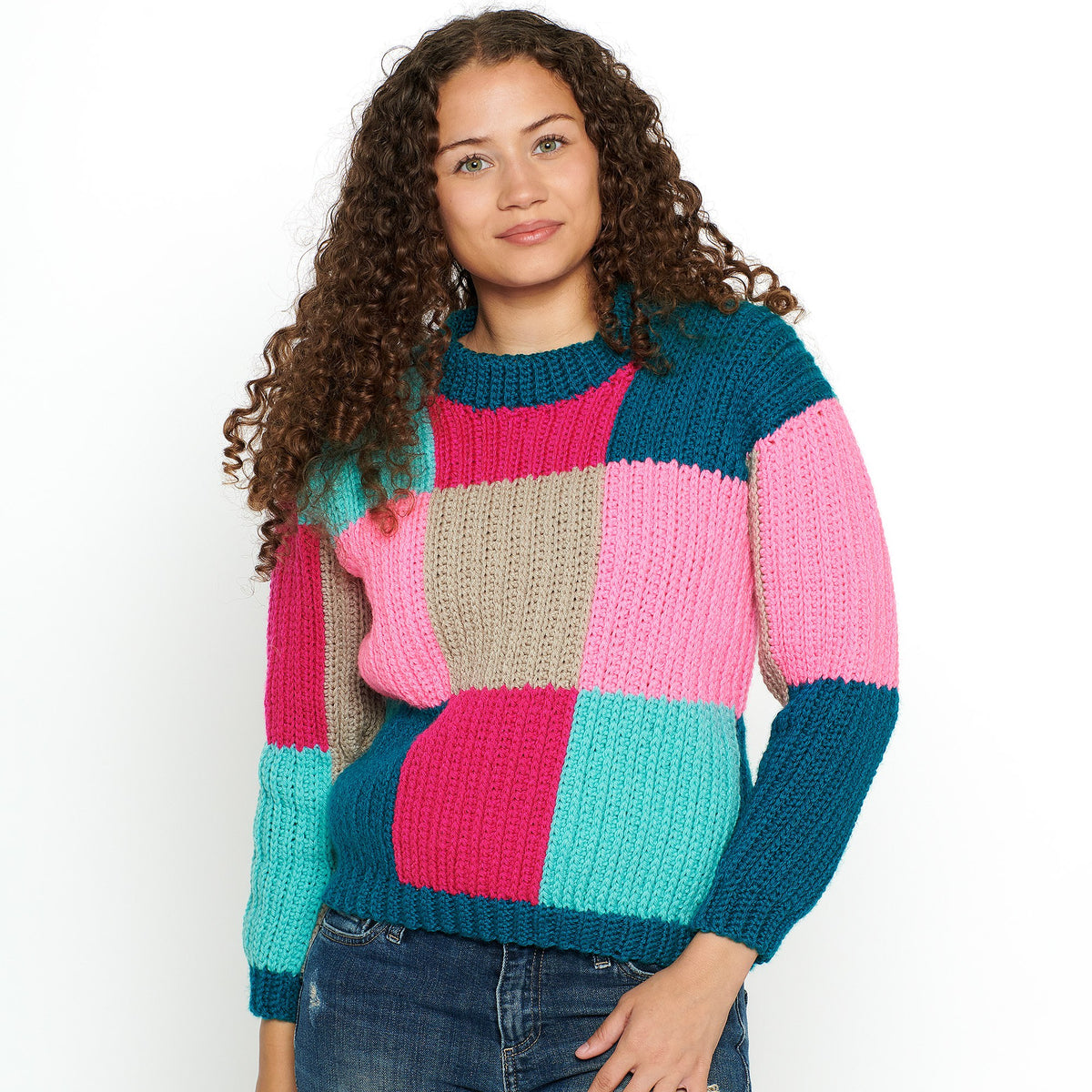 Super Saver Blocks In Colors Crochet Pullover made using Red Heart yarn
