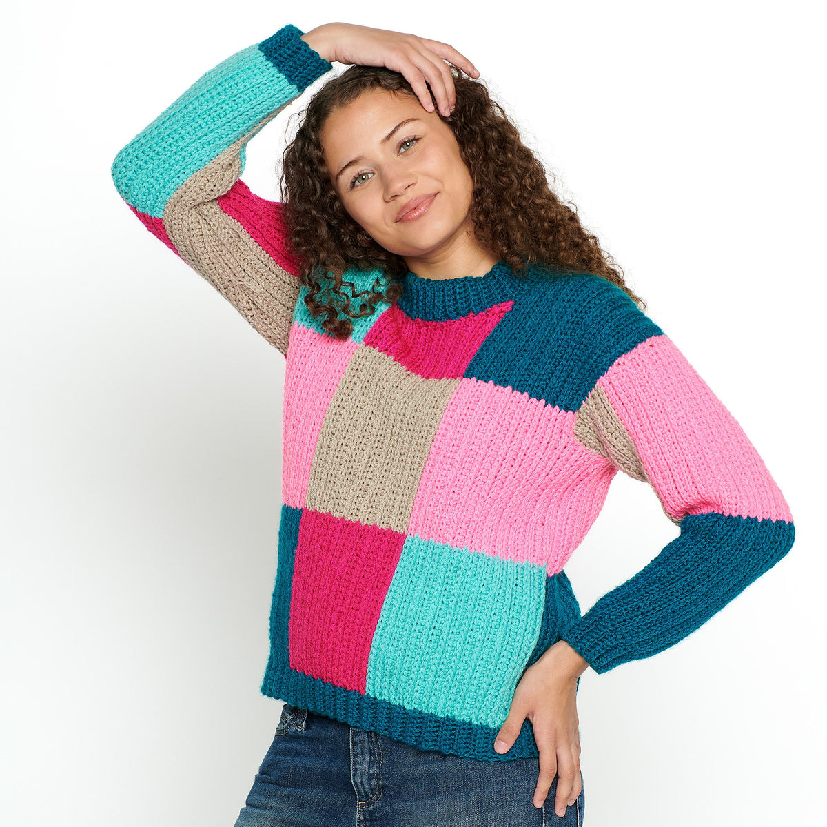 Super Saver Blocks In Colors Crochet Pullover made using Red Heart yarn