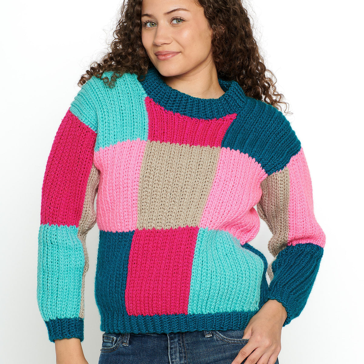 Super Saver Blocks In Colors Crochet Pullover made using Red Heart yarn