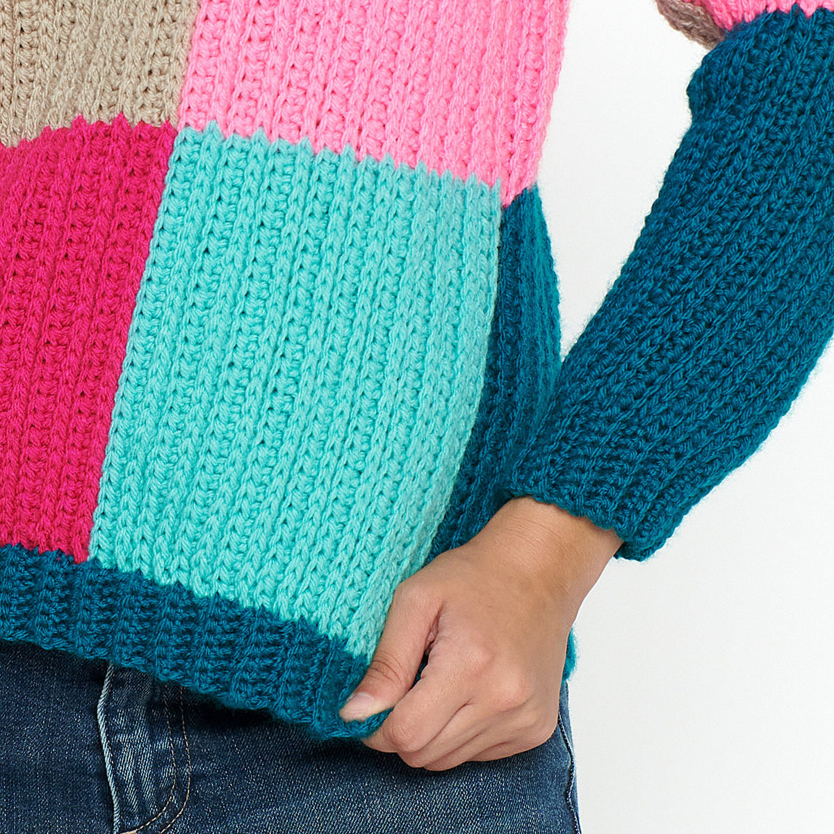 Super Saver Blocks In Colors Crochet Pullover made using Red Heart yarn