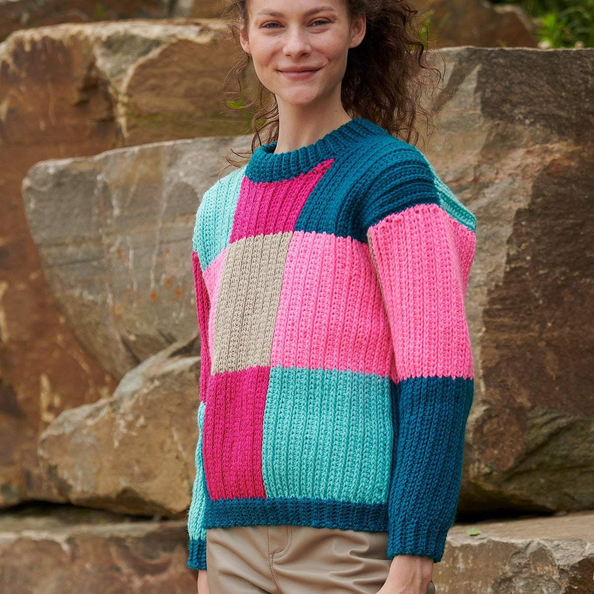 Super Saver Blocks In Colors Crochet Pullover made using Red Heart yarn