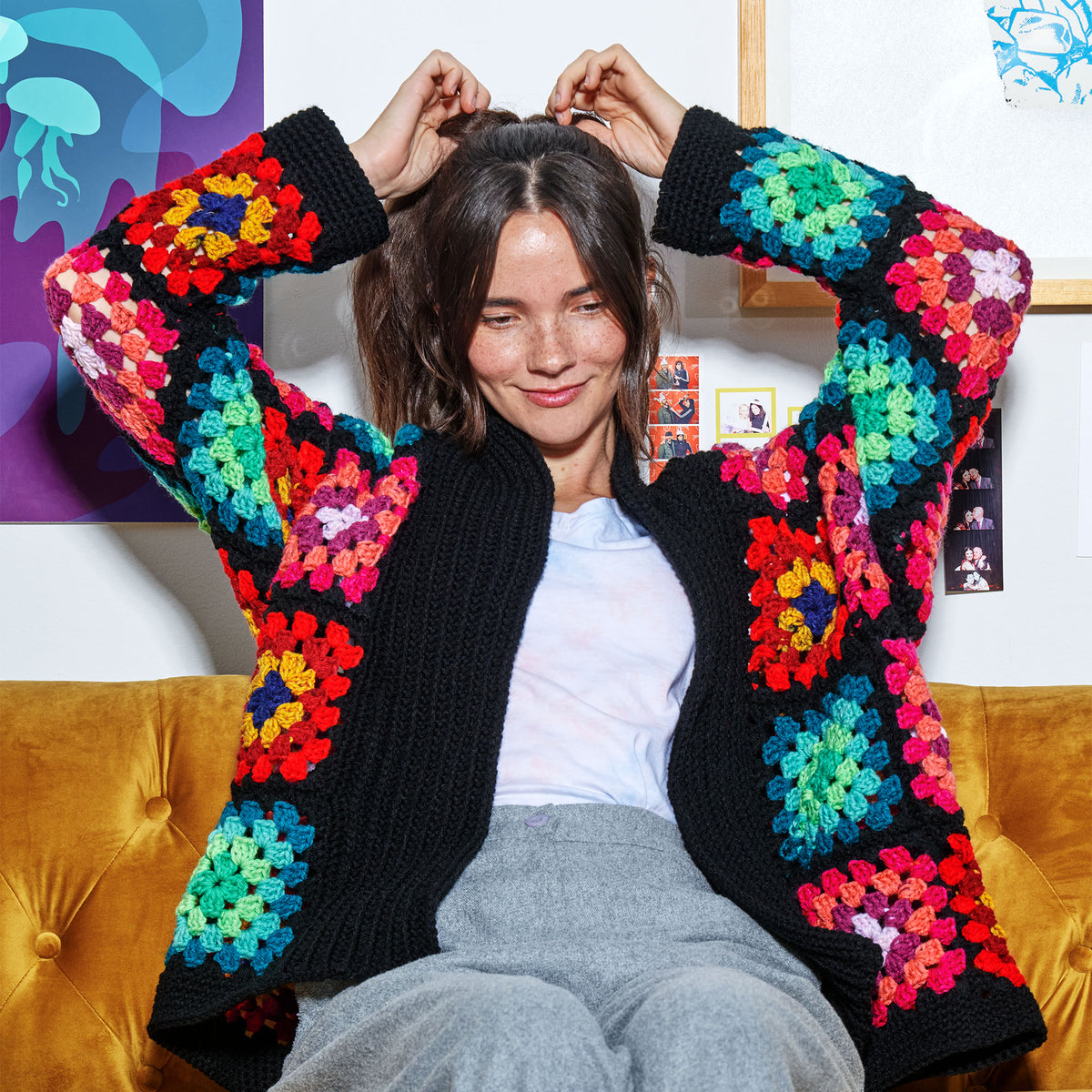 Crochet Cardigan made in Red Heart All in One Granny Square Yarn