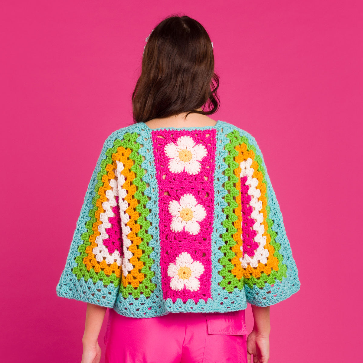 Blooming Hexi Crochet Pullover made using Red Heart yarn