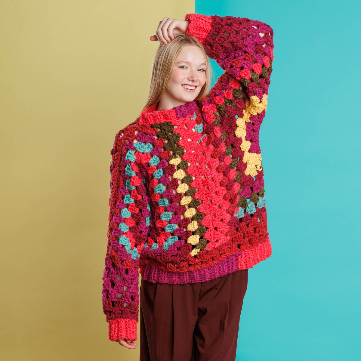 Love My Crochet Hexi Colorful Pullover made using Red Heart yarn