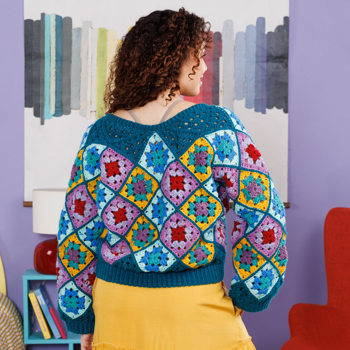 Grannies On-A-Bias Crochet Pullover made using Red Heart yarn