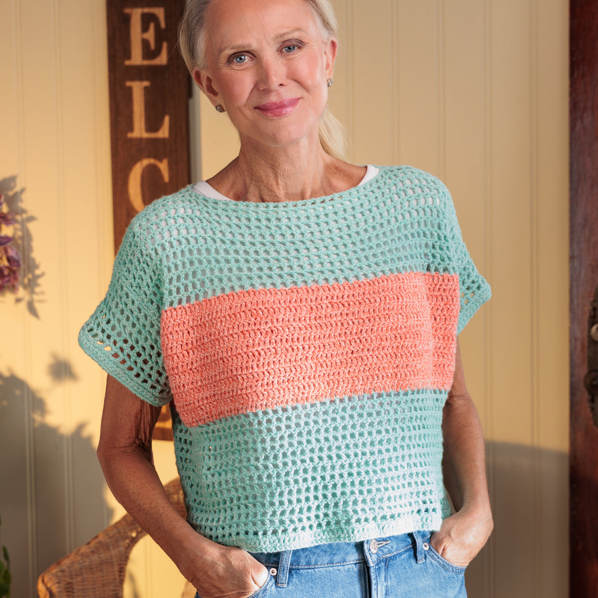 Boxy Stripe Crochet T-Shirt made using Red Heart yarn