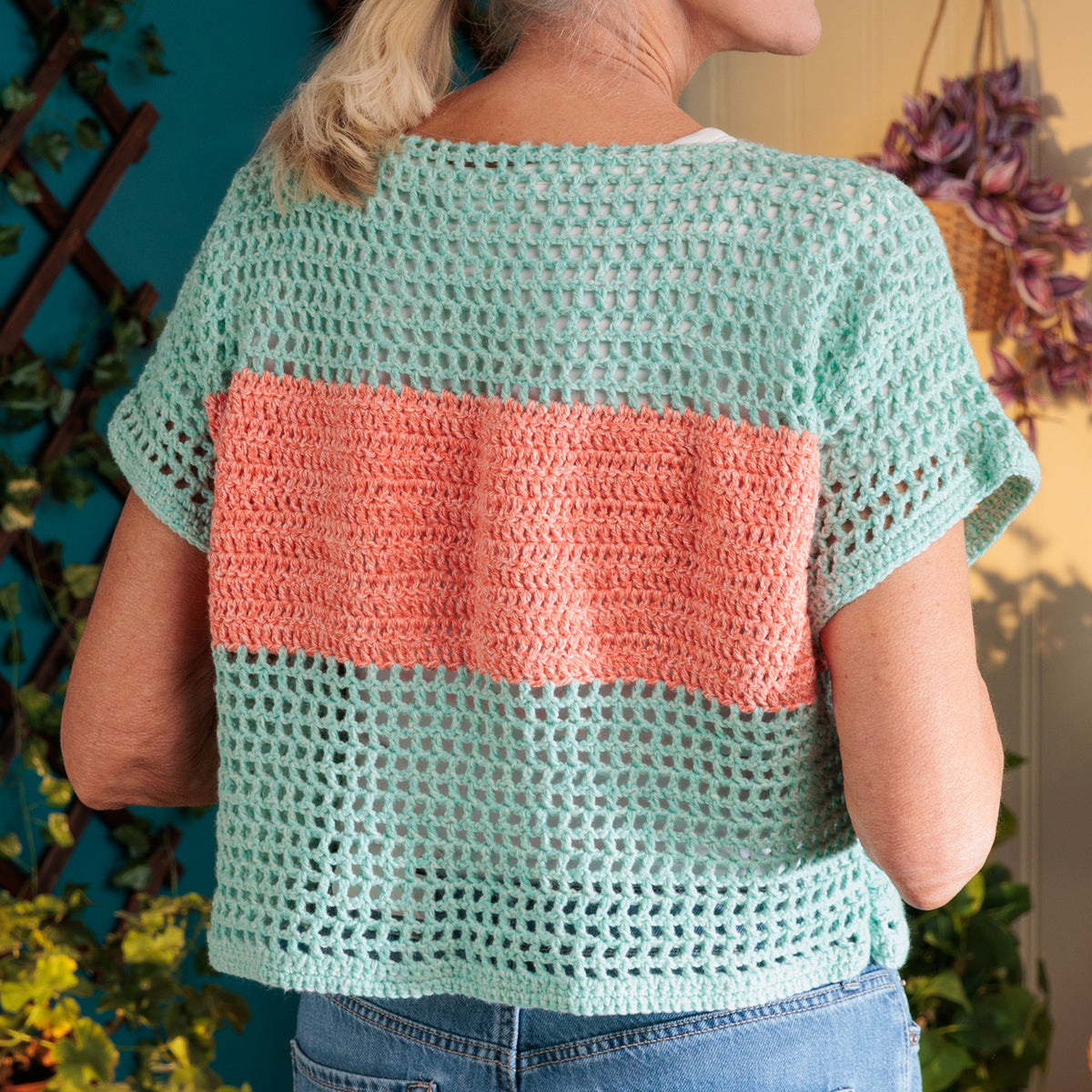 Boxy Stripe Crochet T-Shirt made using Red Heart yarn