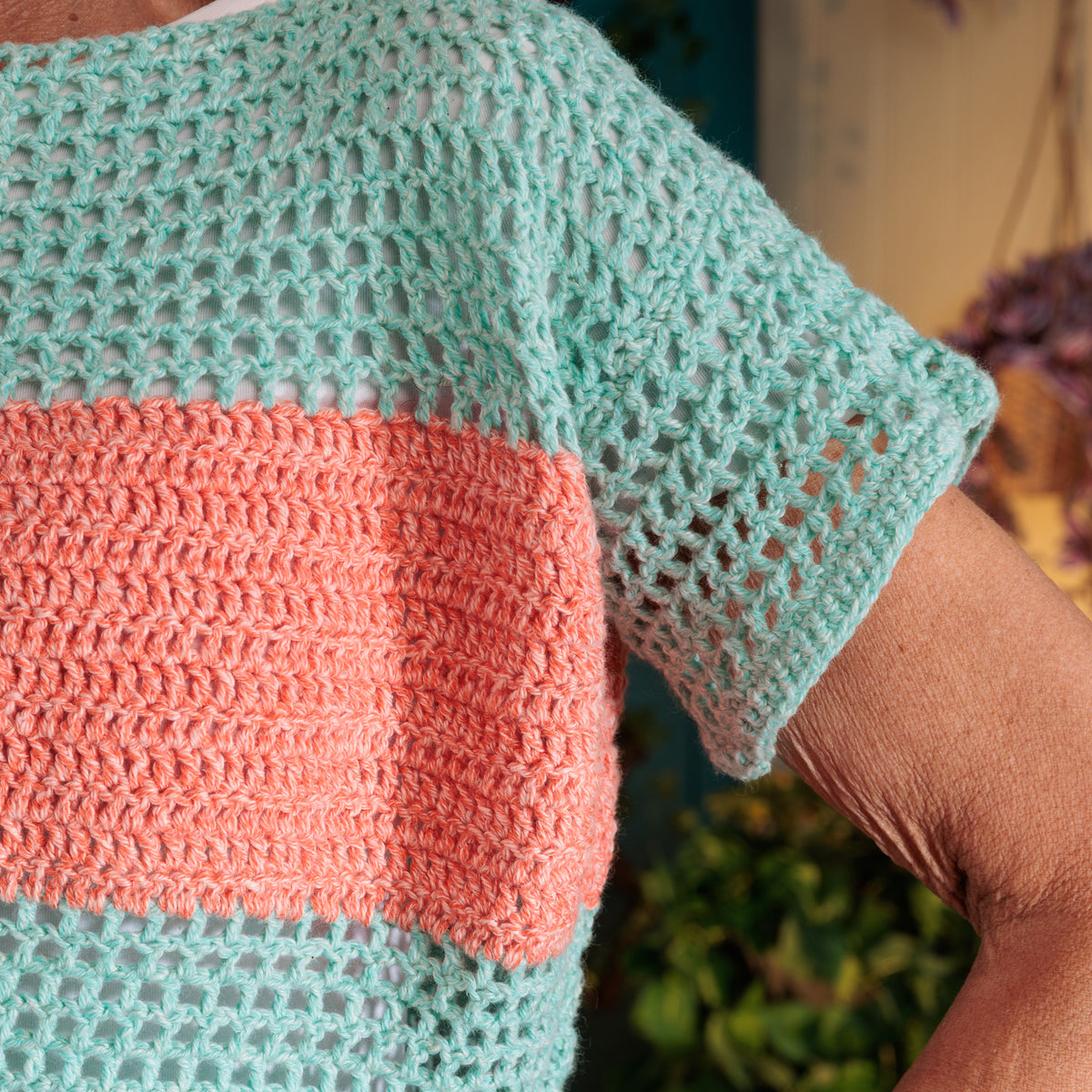 Boxy Stripe Crochet T-Shirt made using Red Heart yarn