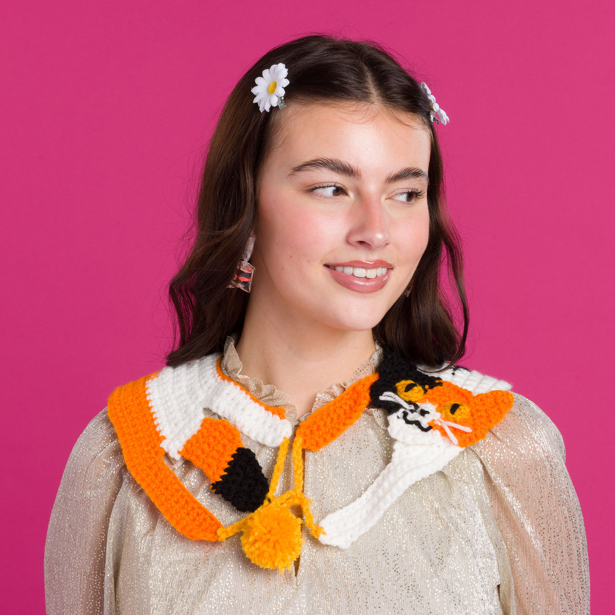 Crochet Calico Cat Collar made using Red Heart yarn