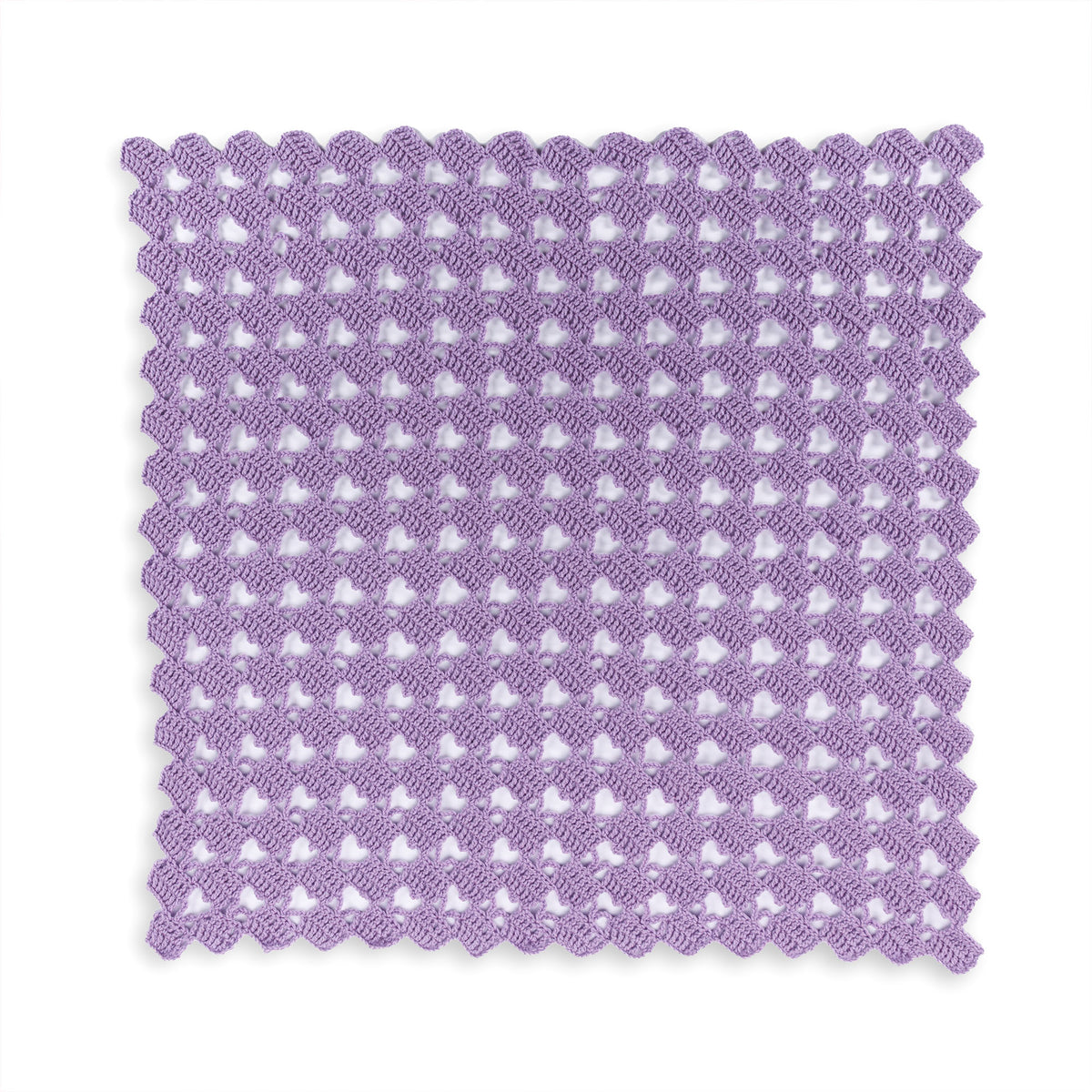 Crochet Heart-Y Lace Blanket made using Red Heart yarn on a white background