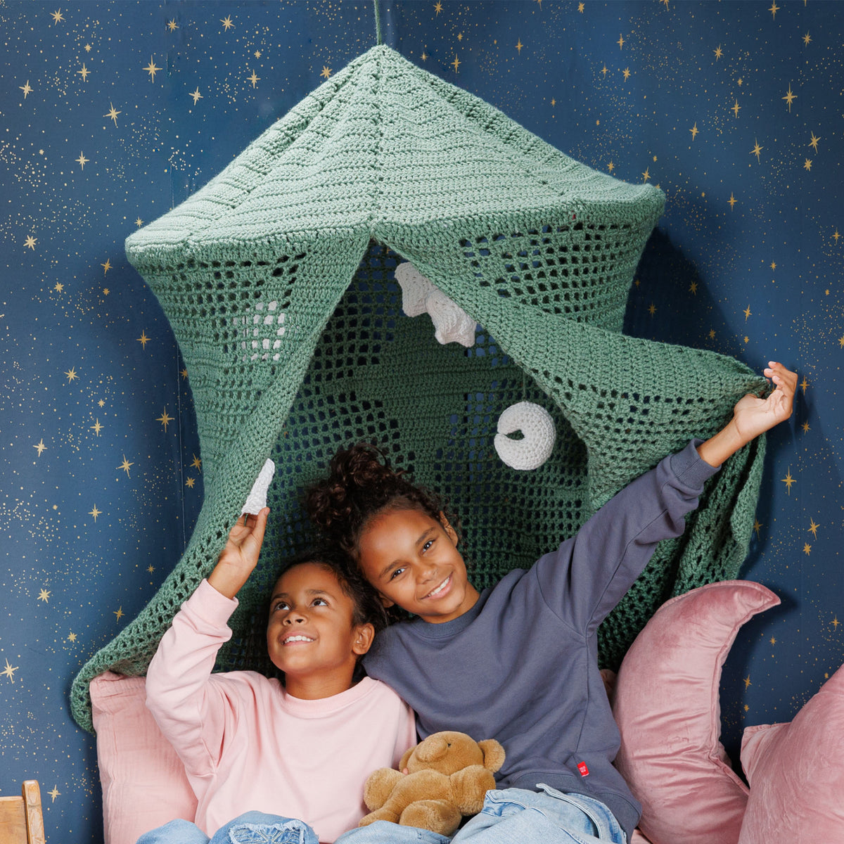 Crochet Constellation Canopy made using Red Heart yarn