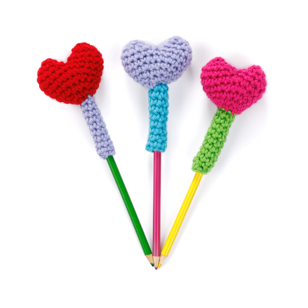 Crochet Heart Pencil Toppers made using Red Heart yarn