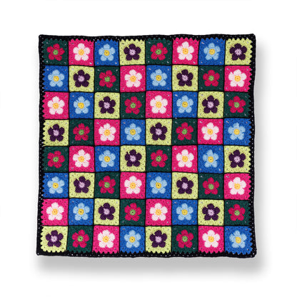Red Heart Crochet Flower Bed Blanket A crocheted blanket with a colorful floral pattern made using Red Heart All in One Flower Power yarn, Version 1