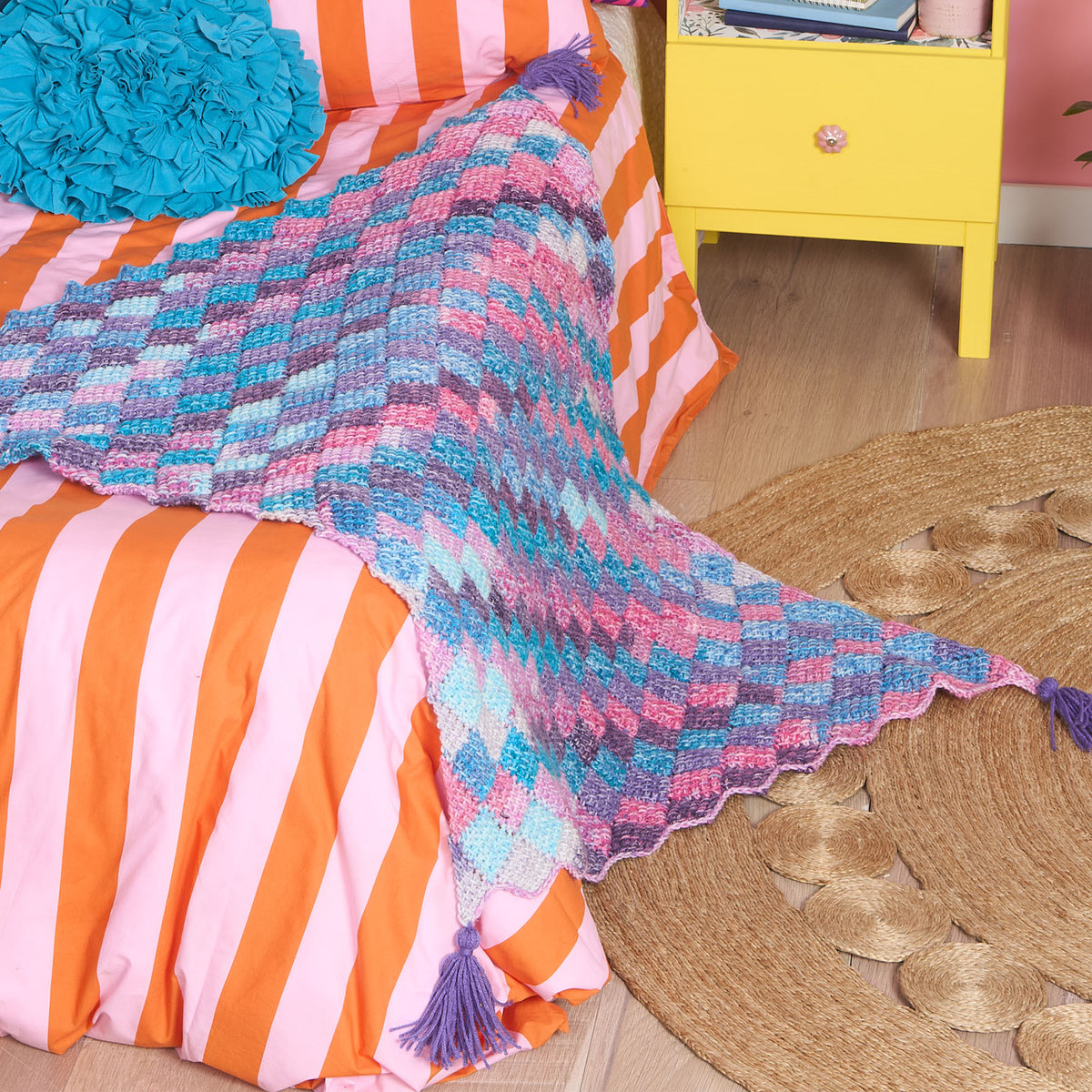 Entrelac Crochet Big Bitty Blanket made using Red Heart yarn