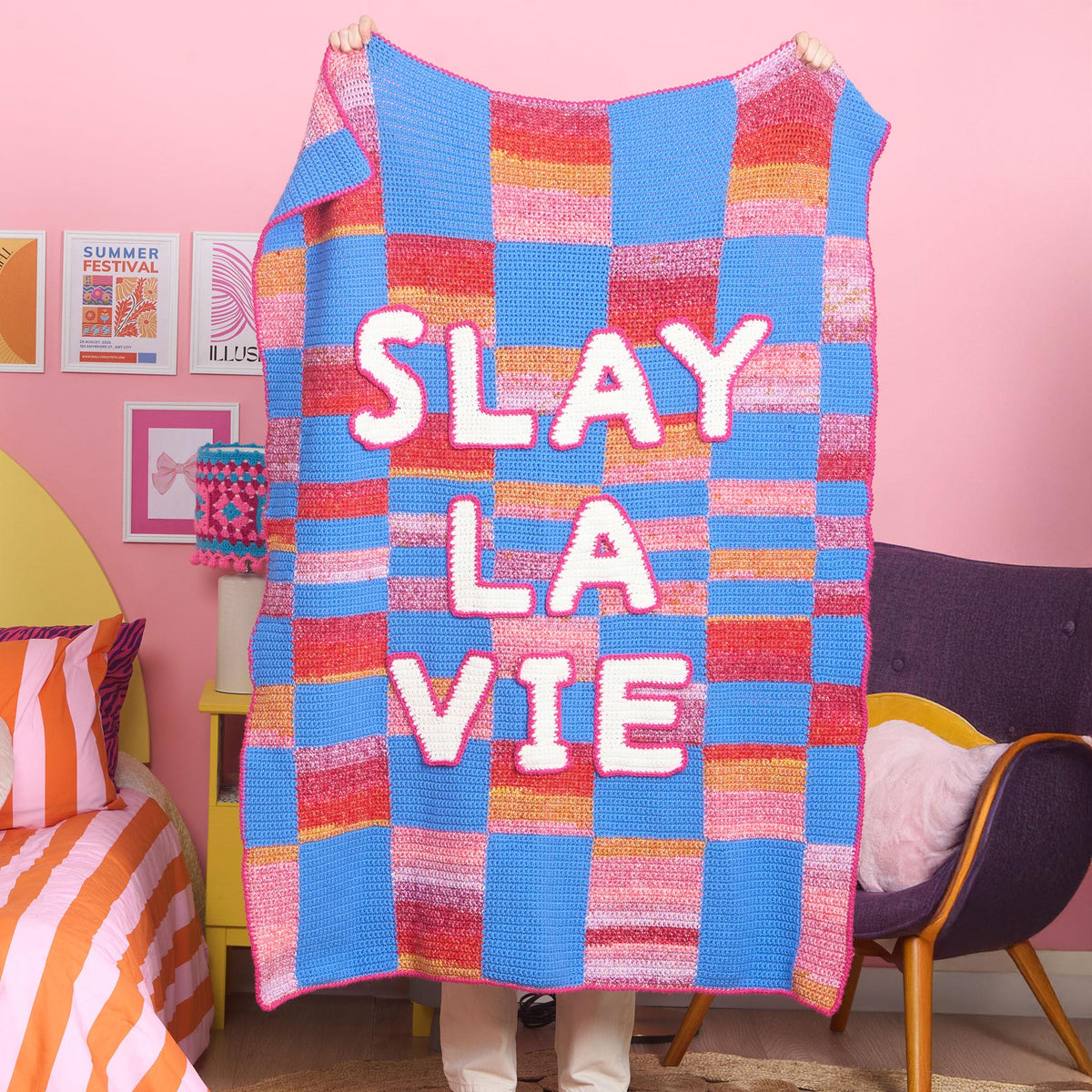 Crochet Check My Text Blanket made using Red Heart yarn
