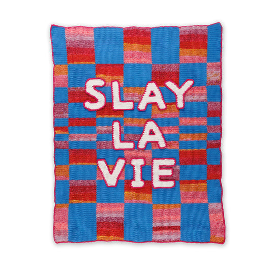 Crochet Check My Text Blanket made using Red Heart yarn