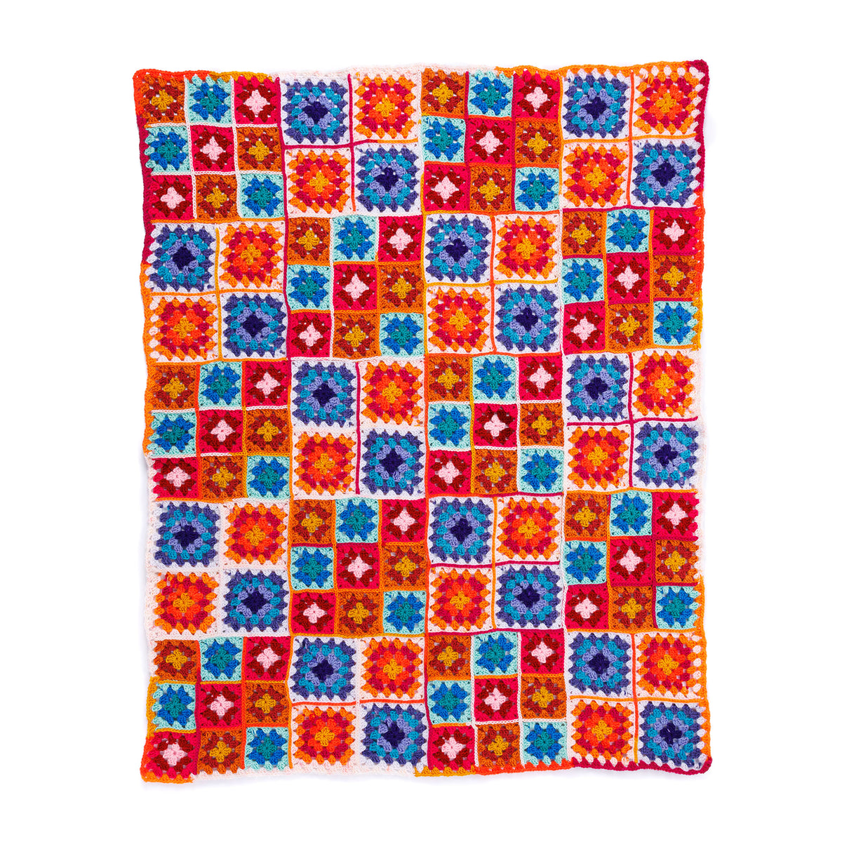 Colorful crocheted blanket pattern with a geometric pattern on a white background