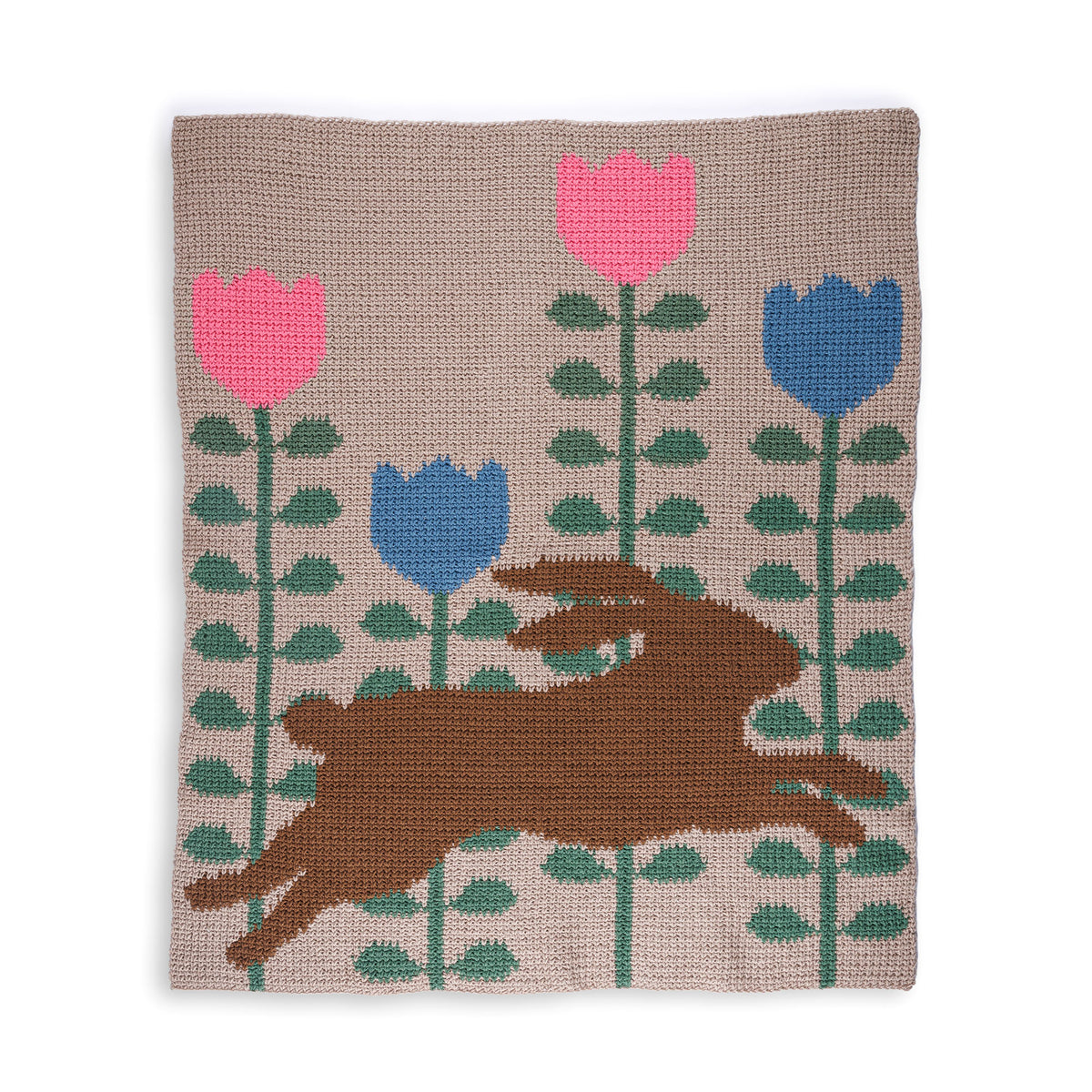 Leaping Into Spring Crochet Blanket made using Red Heart yarn on a white background