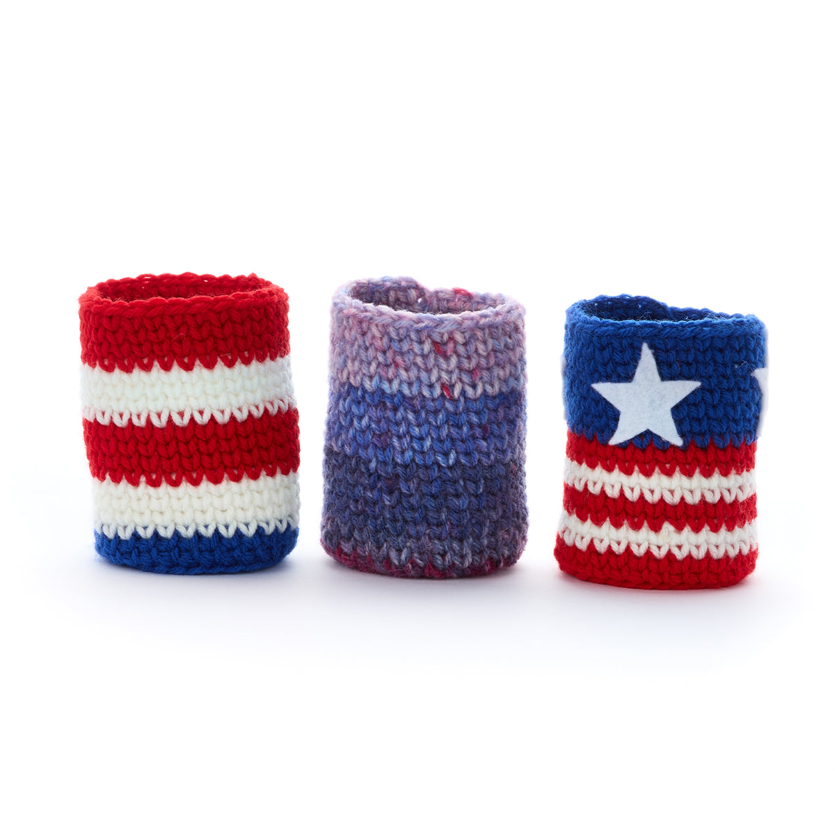 Years Of History Crochet Can Cozies made using Red Heart yarn