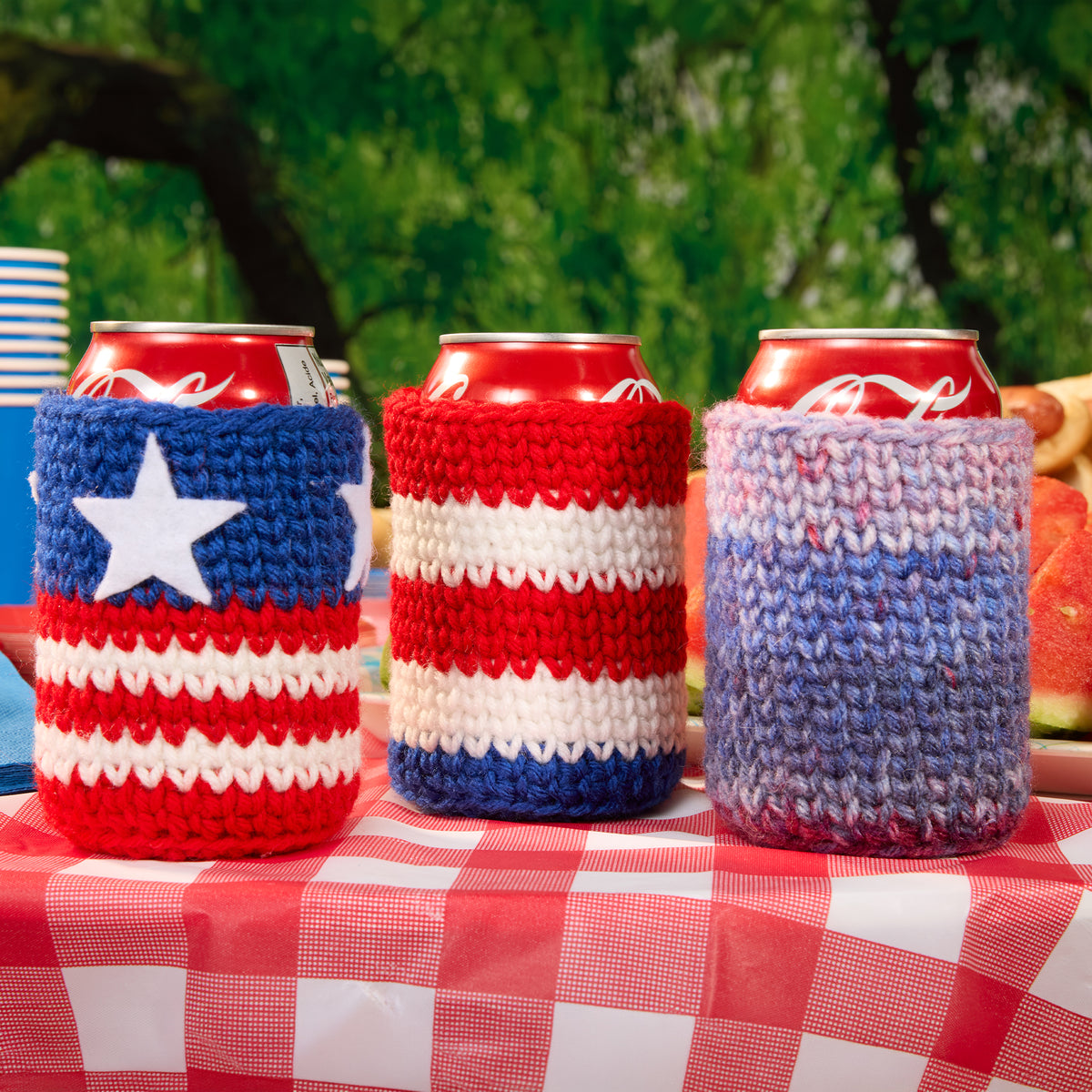 Years Of History Crochet Can Cozies made using Red Heart yarn