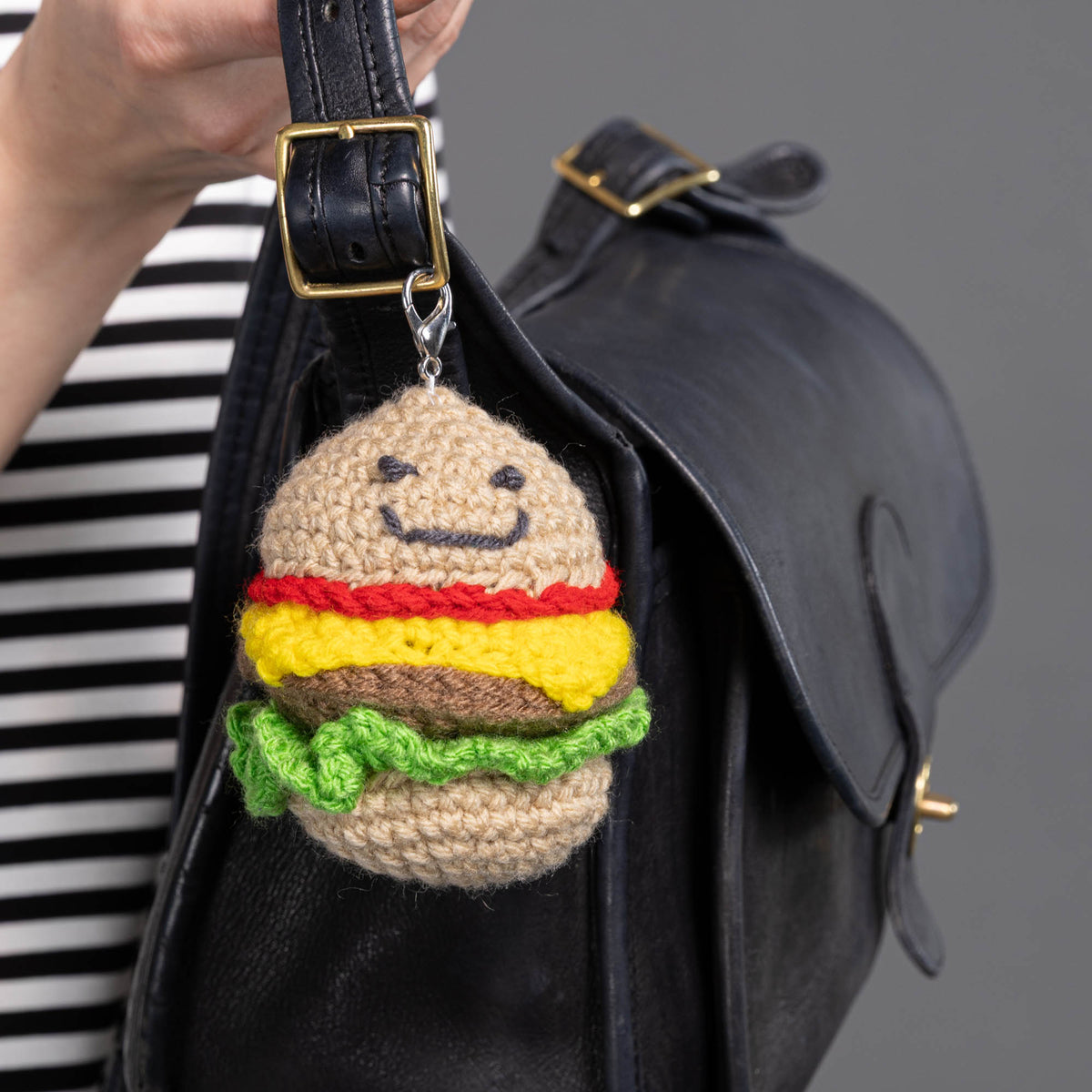 Crochet Happy Hamburger Ornament made using Red Heart yarn
