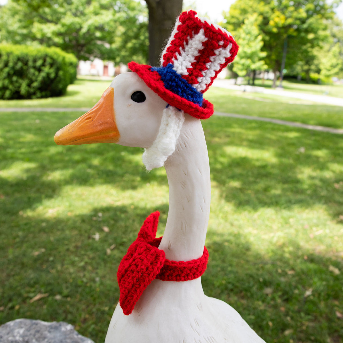 Uncle Sam Crochet Hat & Beard made using Red Heart yarn in a styled lifestyle setting