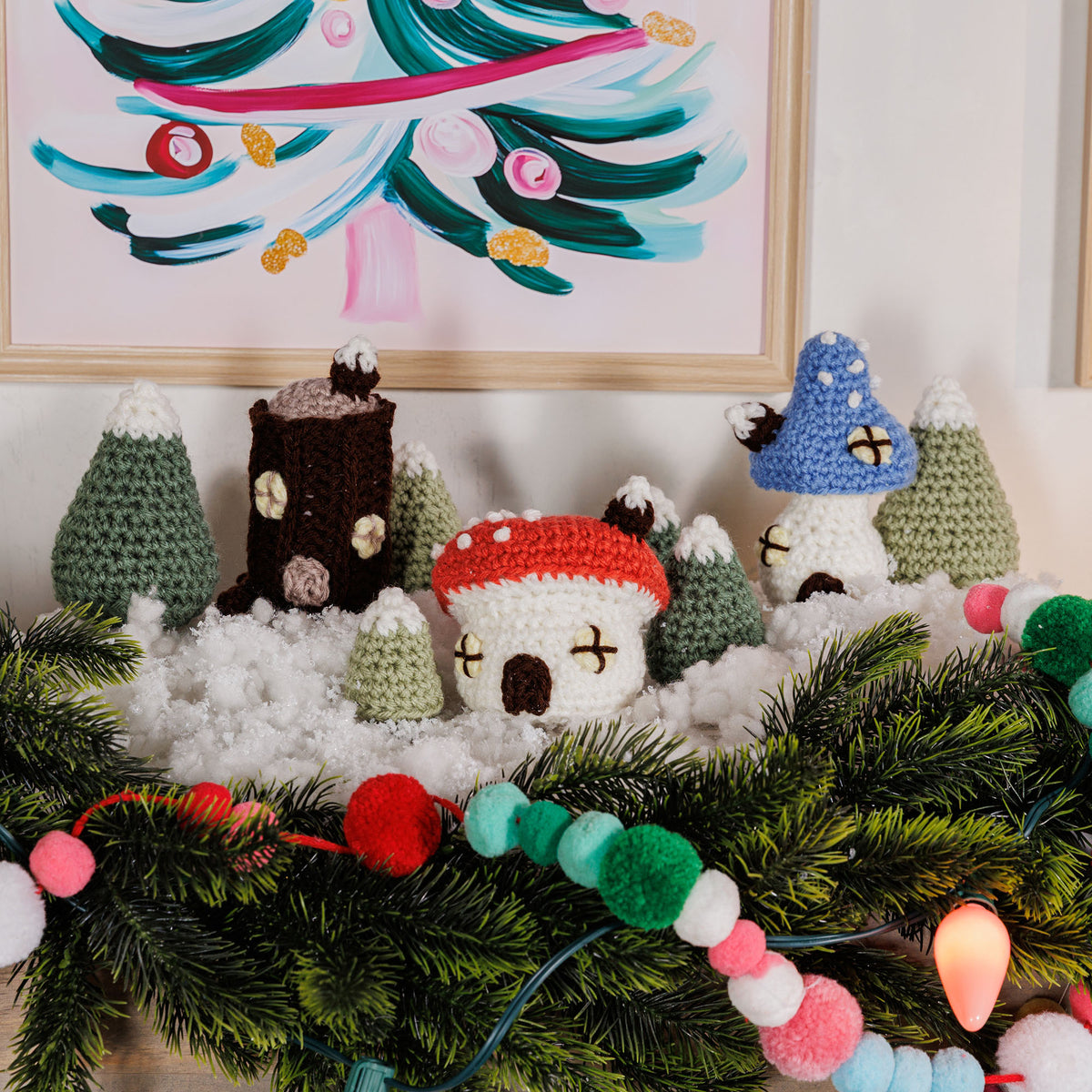 Toadstool Hollow Crochet Village Scene made using Red Heart yarn