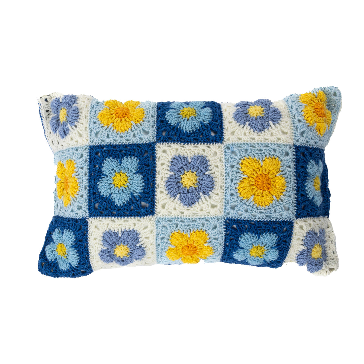 Crochet Bluebell Meadow Pillow made using Red Heart yarn
