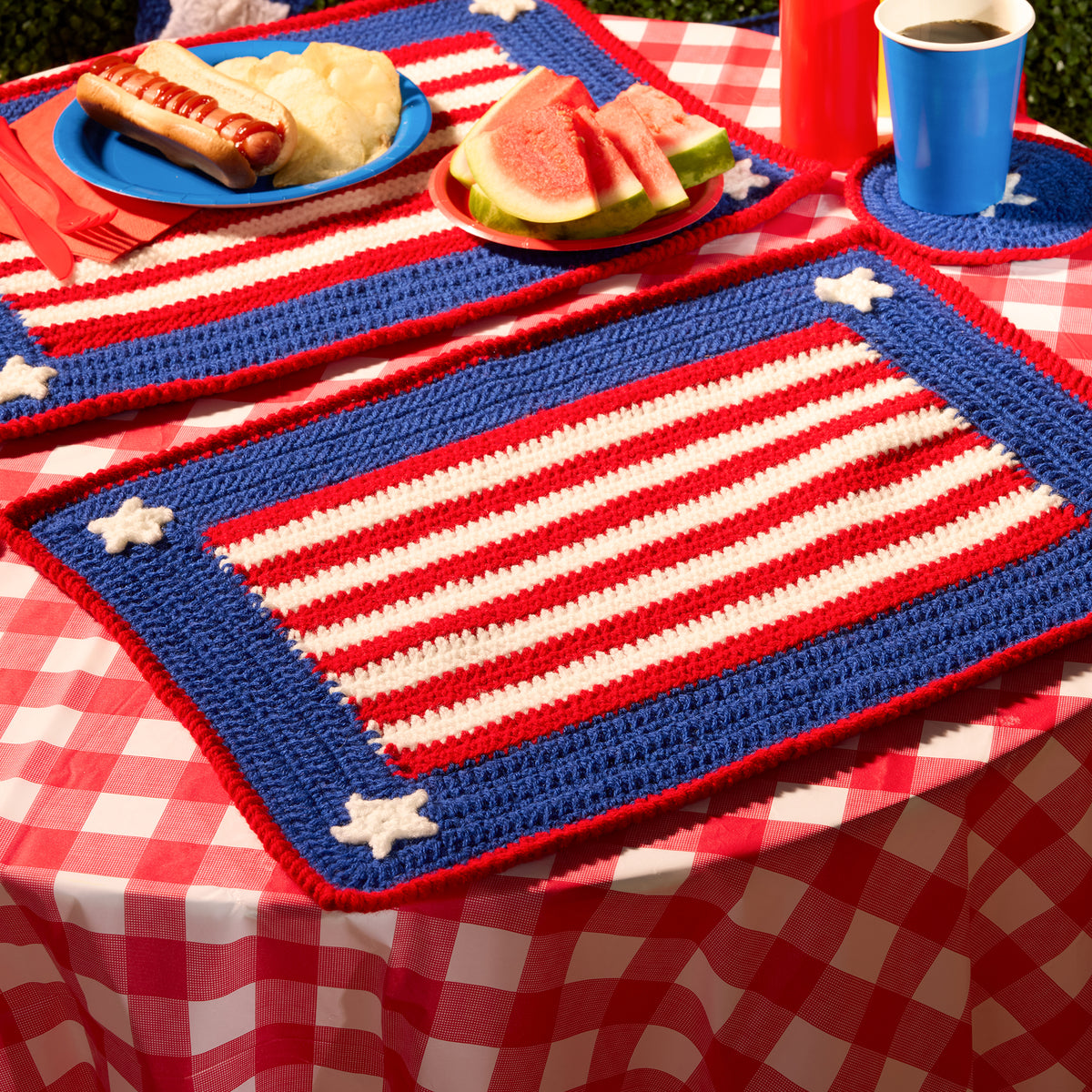Years Of History Crochet Patio Set made using Red Heart yarn in a styled lifestyle setting