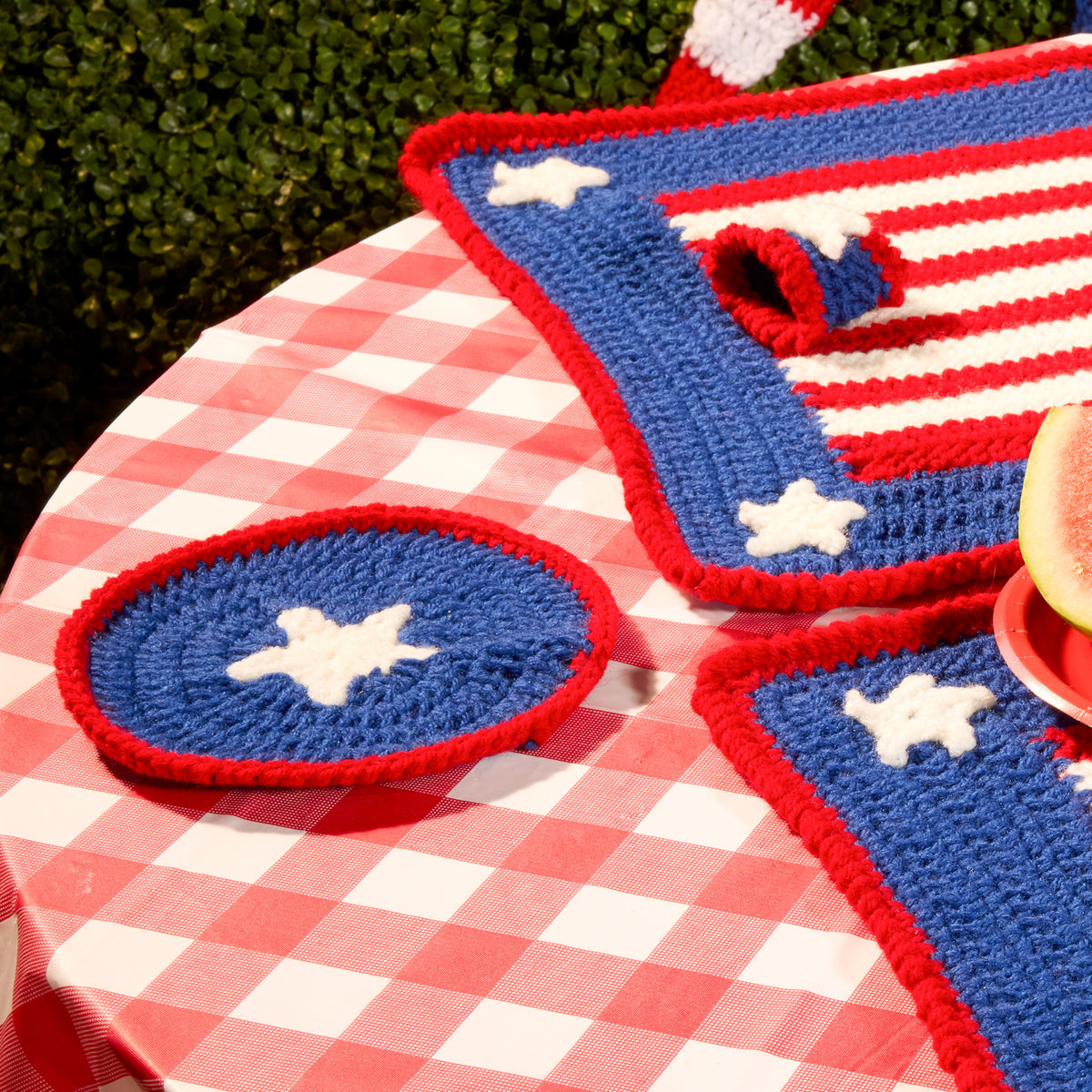Years Of History Crochet Patio Set made using Red Heart yarn in a styled lifestyle setting