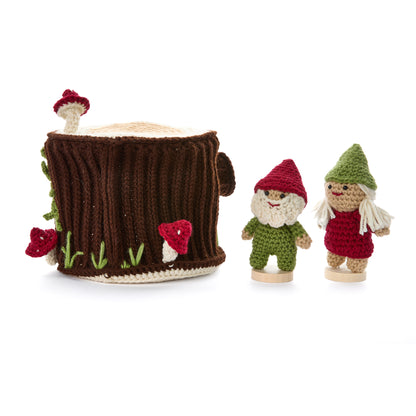 Red Heart Crochet Gnomes with a Little Stump House Crochet Gnomes With A Little Stump House made using Red Heart yarn in a styled lifestyle setting