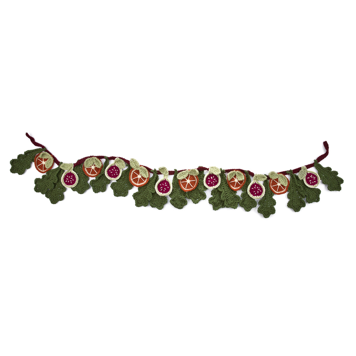 Festive Abundance Crochet Garland made using Red Heart yarn on a white background
