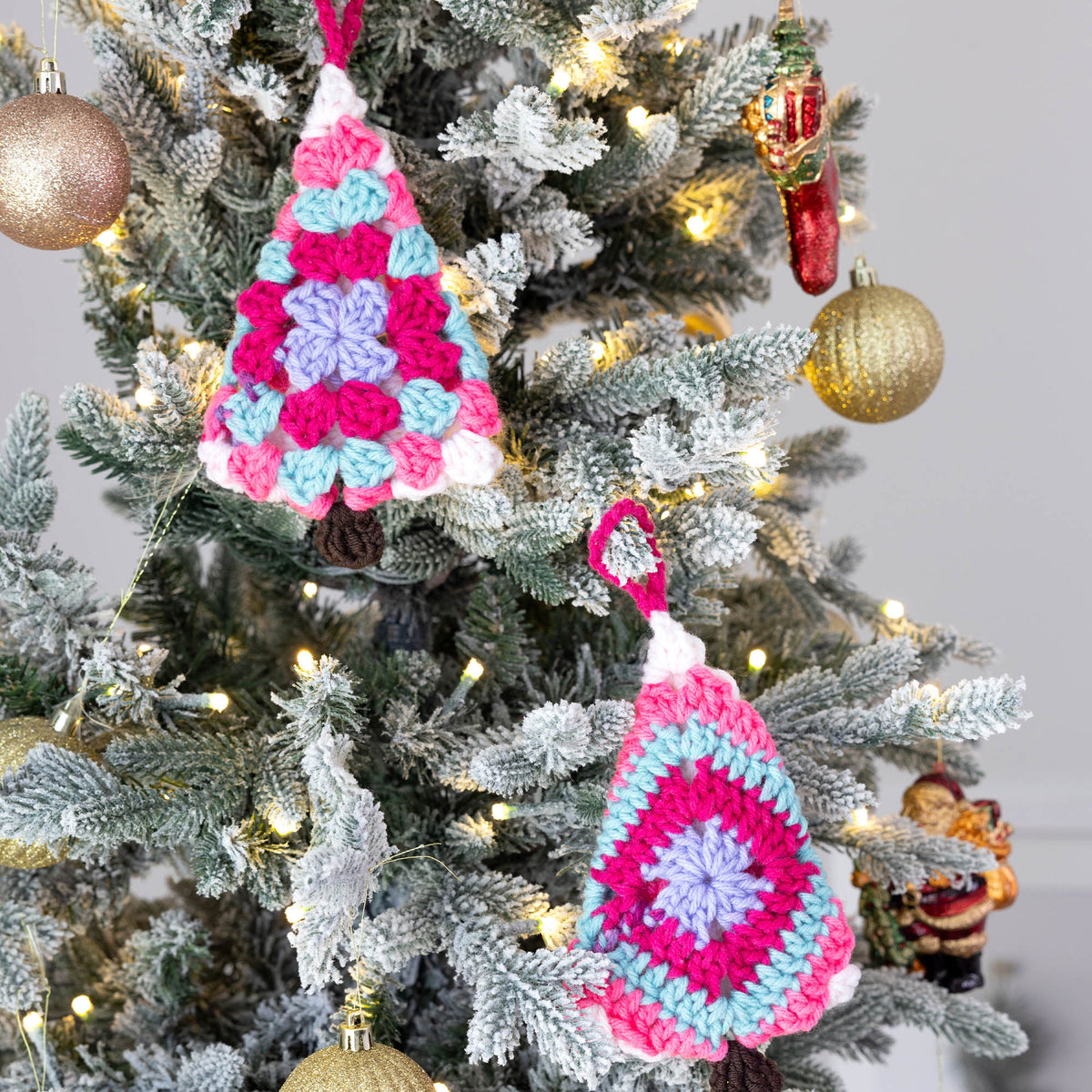 Crochet Granny Tree Ornaments made using Red Heart yarn