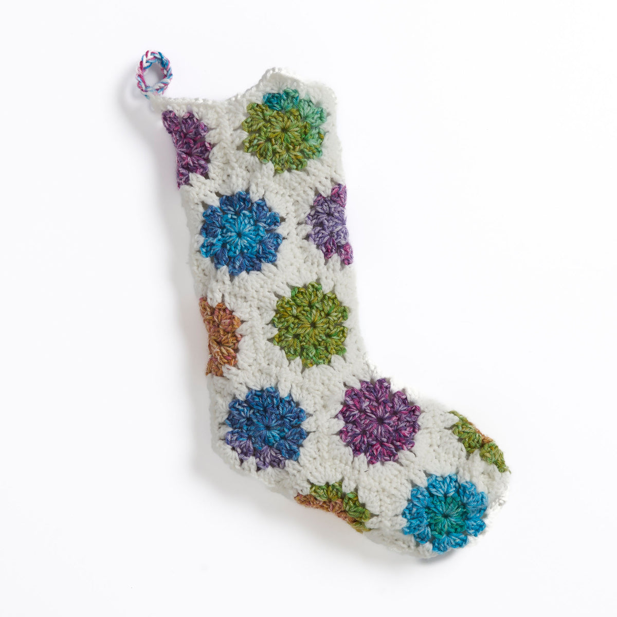 Crochet Hexi Motif Stocking made using Red Heart yarn