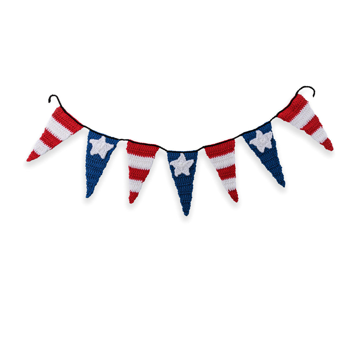 Stars And Stripes Crochet Pennant Banner made using Red Heart yarn on a white background