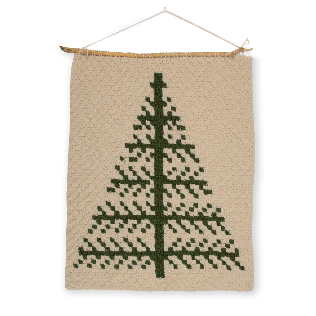 Graphic Tree Crochet Wall Hanging made using Red Heart yarn on a white background