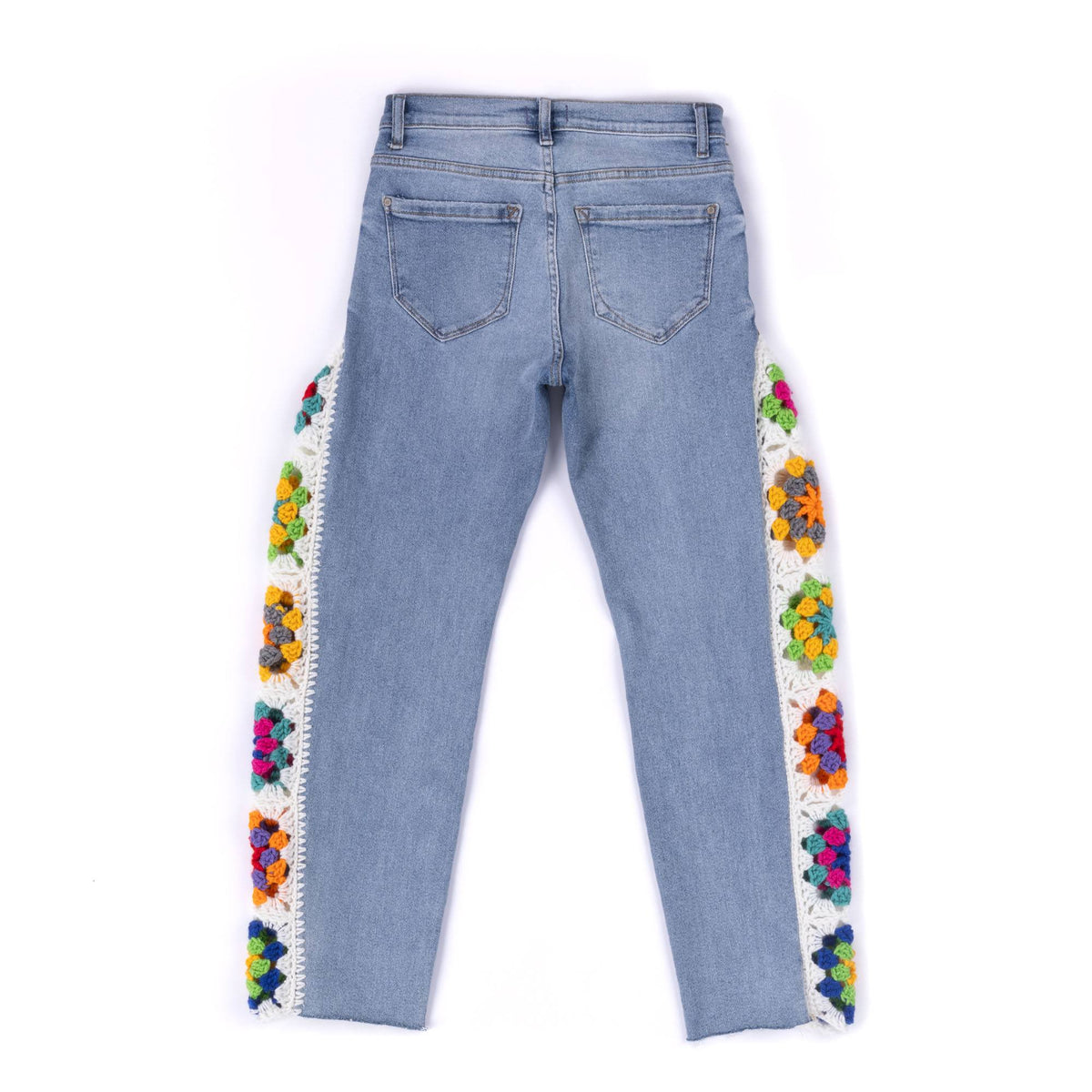 Crochet Upcycled Denim Jeans made using Red Heart yarn