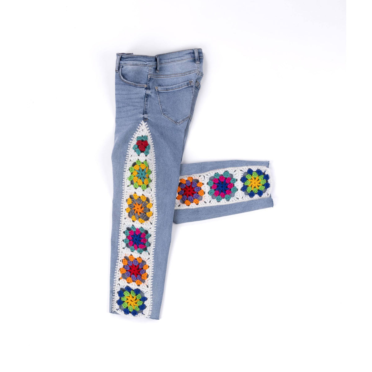 Crochet Upcycled Denim Jeans made using Red Heart yarn