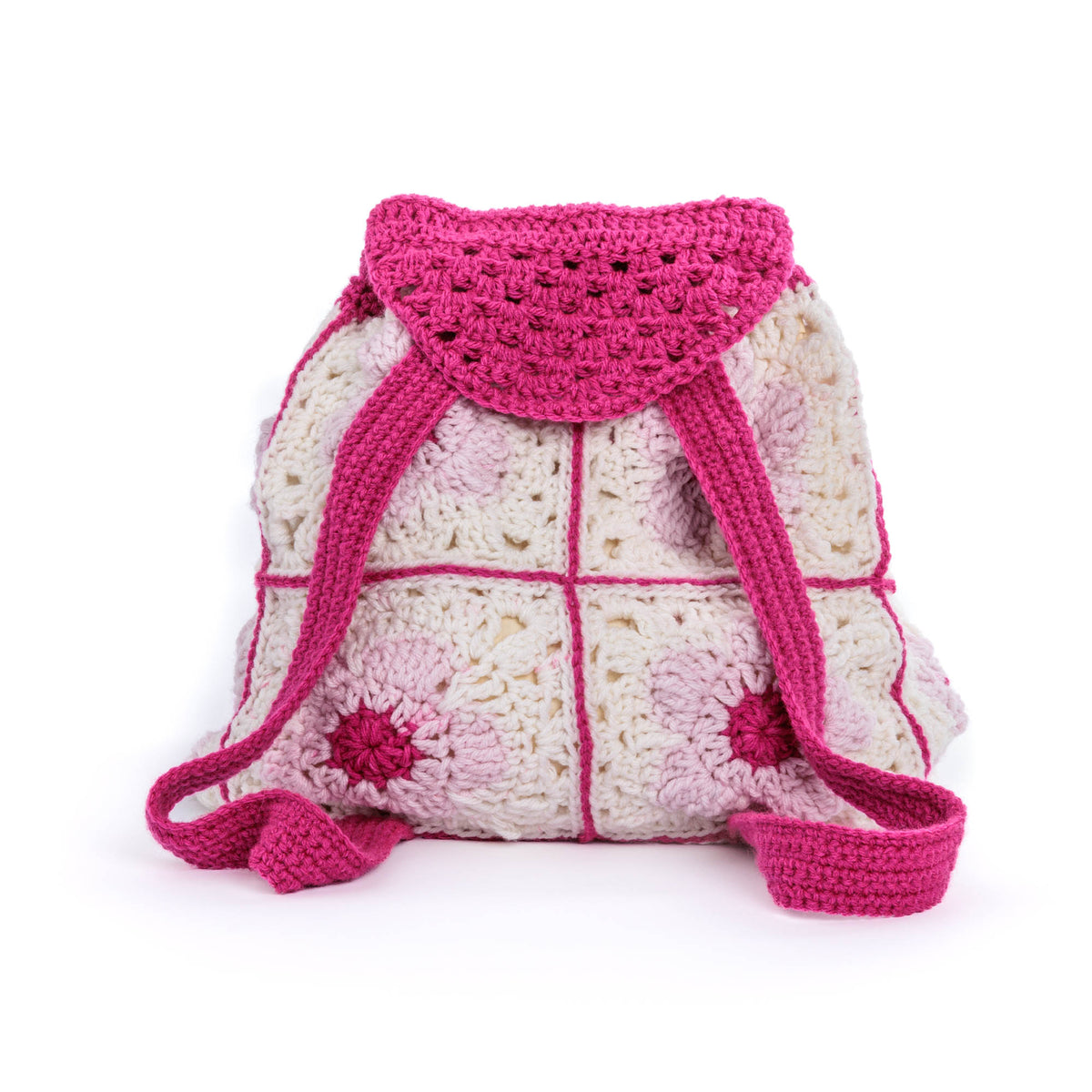Crochet Flower Power Backpack made using Red Heart yarn