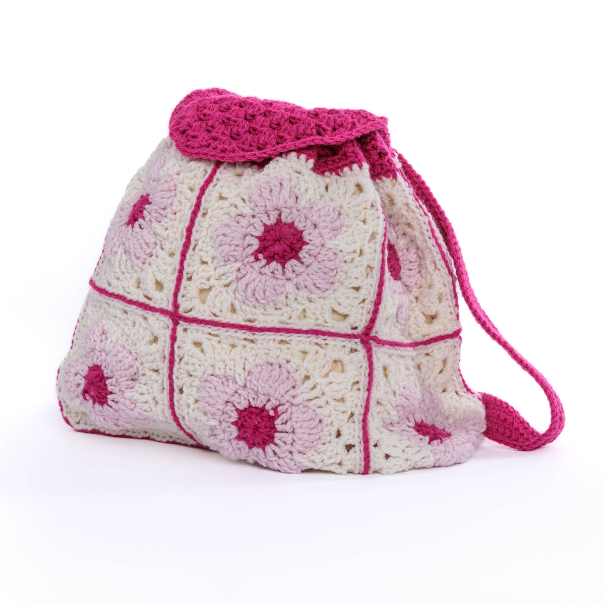 Crochet Flower Power Backpack made using Red Heart yarn