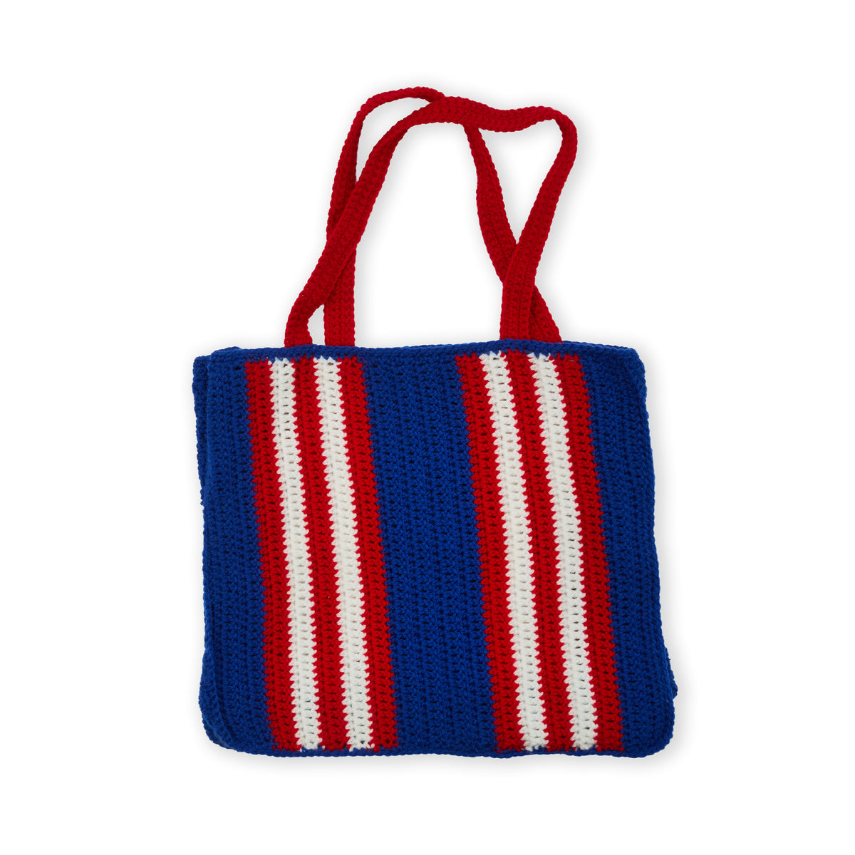 Beachside Stripes Crochet Bag made using Red Heart yarn on a white background