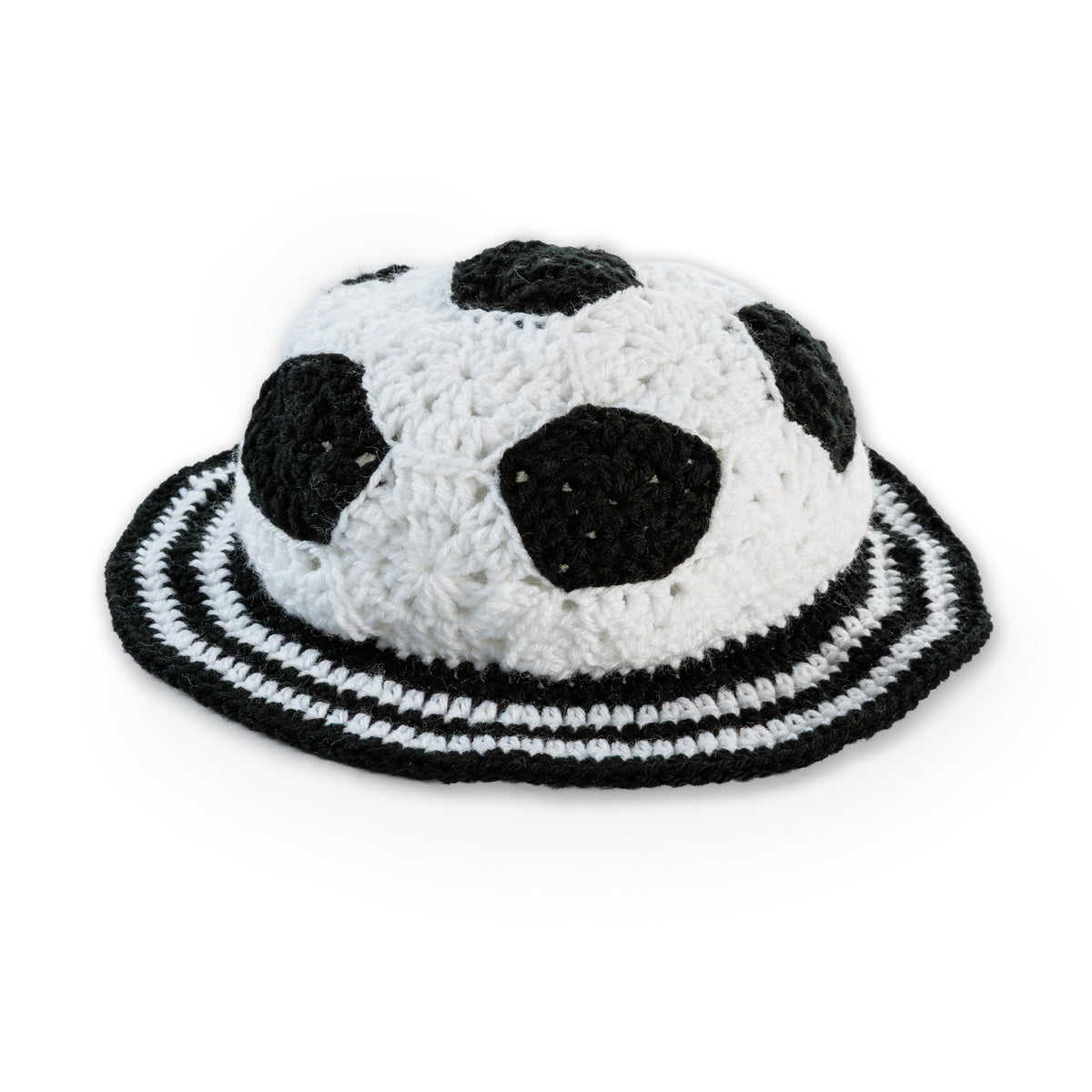 Crochet Soccer Ball Hat made using Red Heart yarn on a white background