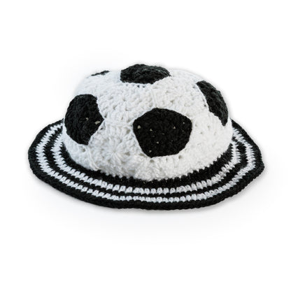 Red Heart Crochet Soccer Ball Hat Crochet Soccer Ball Hat made using Red Heart yarn on a white background