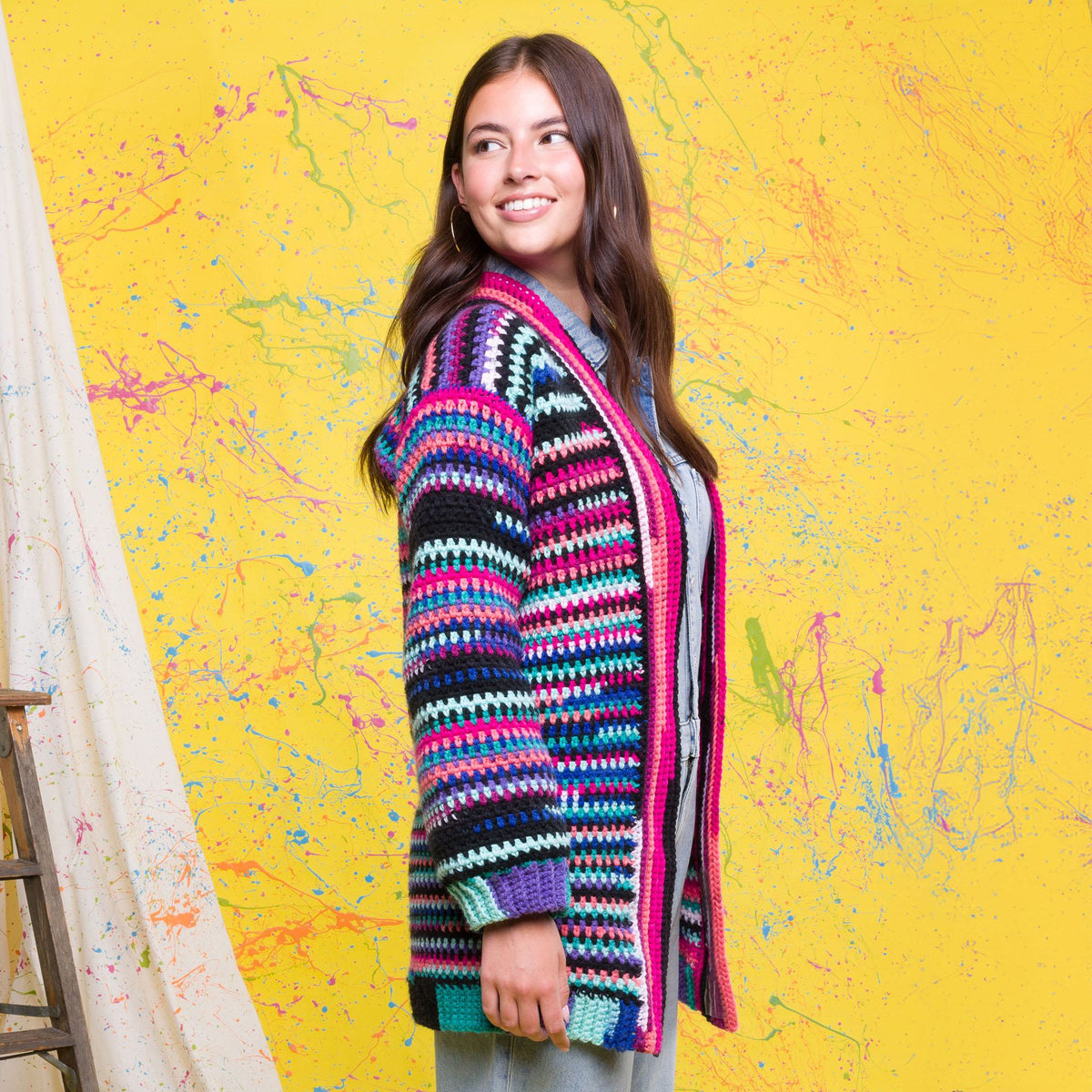 Vivid Stripes Crochet Cardigan made using Red Heart yarn