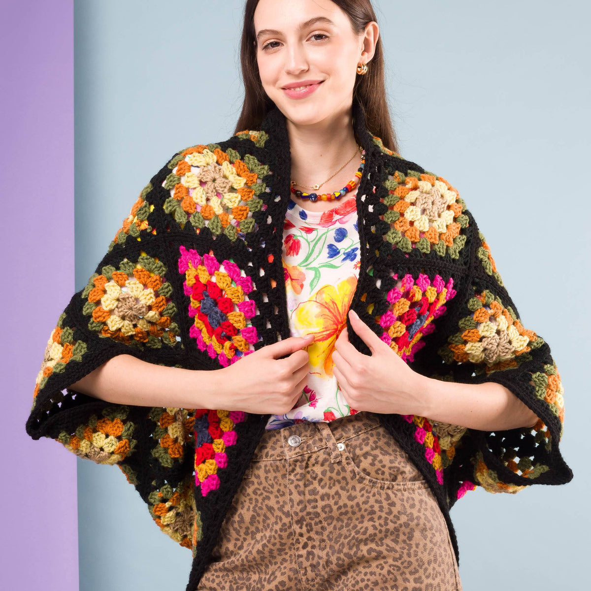 Crochet Granny Cocoon Cardi made using Red Heart yarn