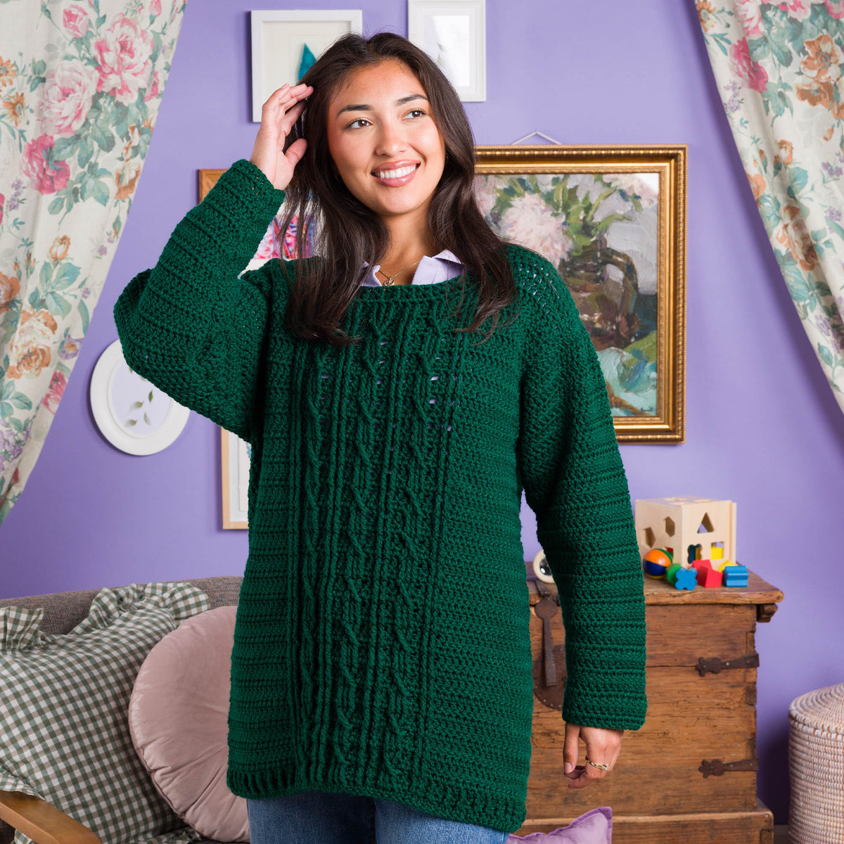 Crochet Snuggle Sweater made using Red Heart yarn